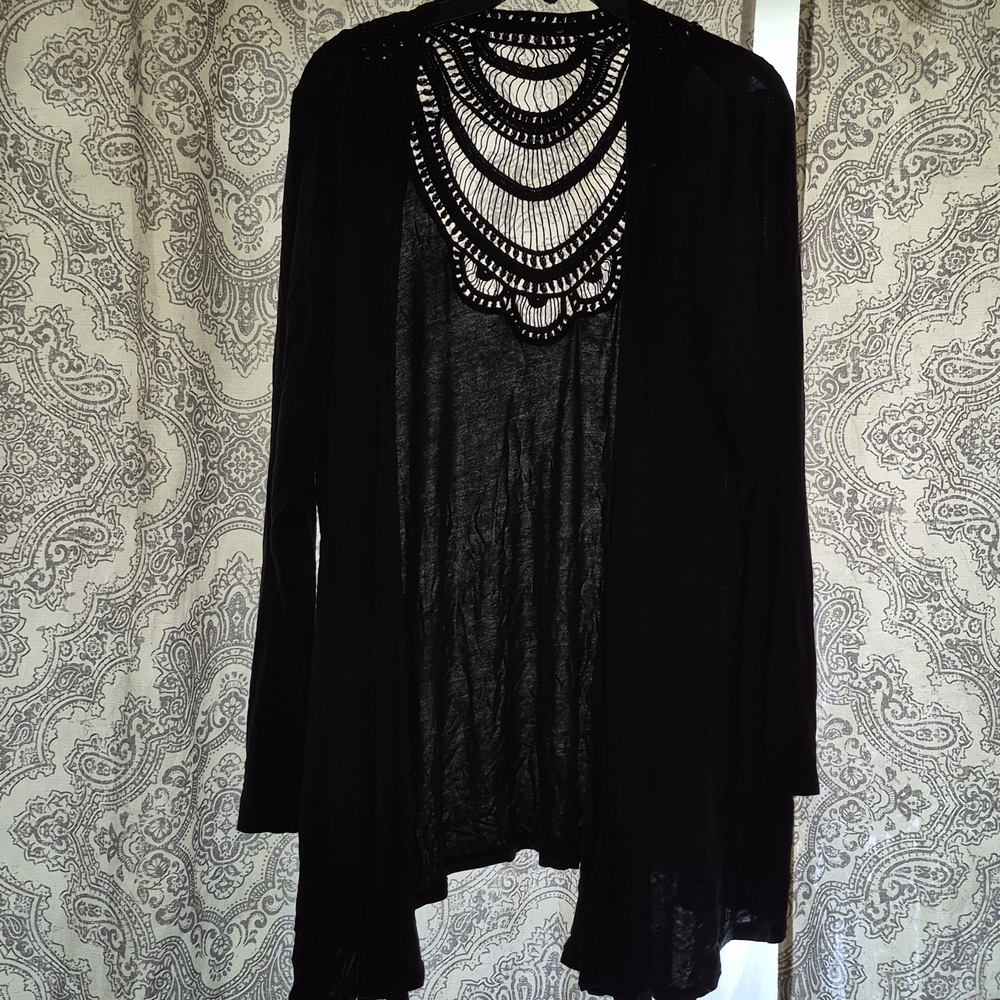 Black Open Front Cardigan with Crochet Detail